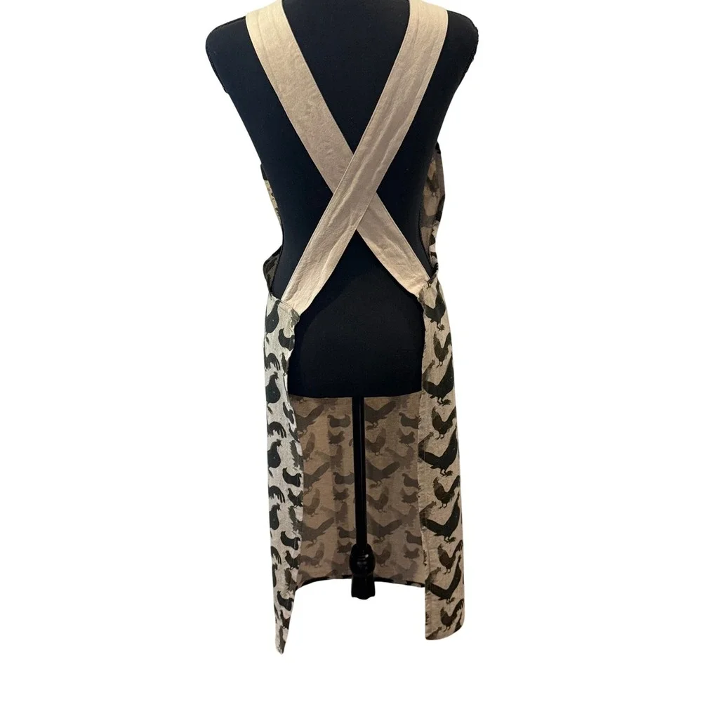 Creative Co-op Cotton Chicken Print Cross Back Pinafore Apron Beige Black